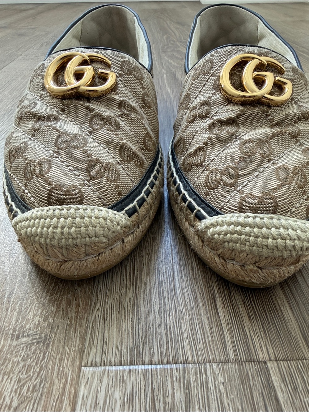 Gucci Brown Beige GG Canvas Espadrille Flats with Gold Double G - Picture 4 of 7